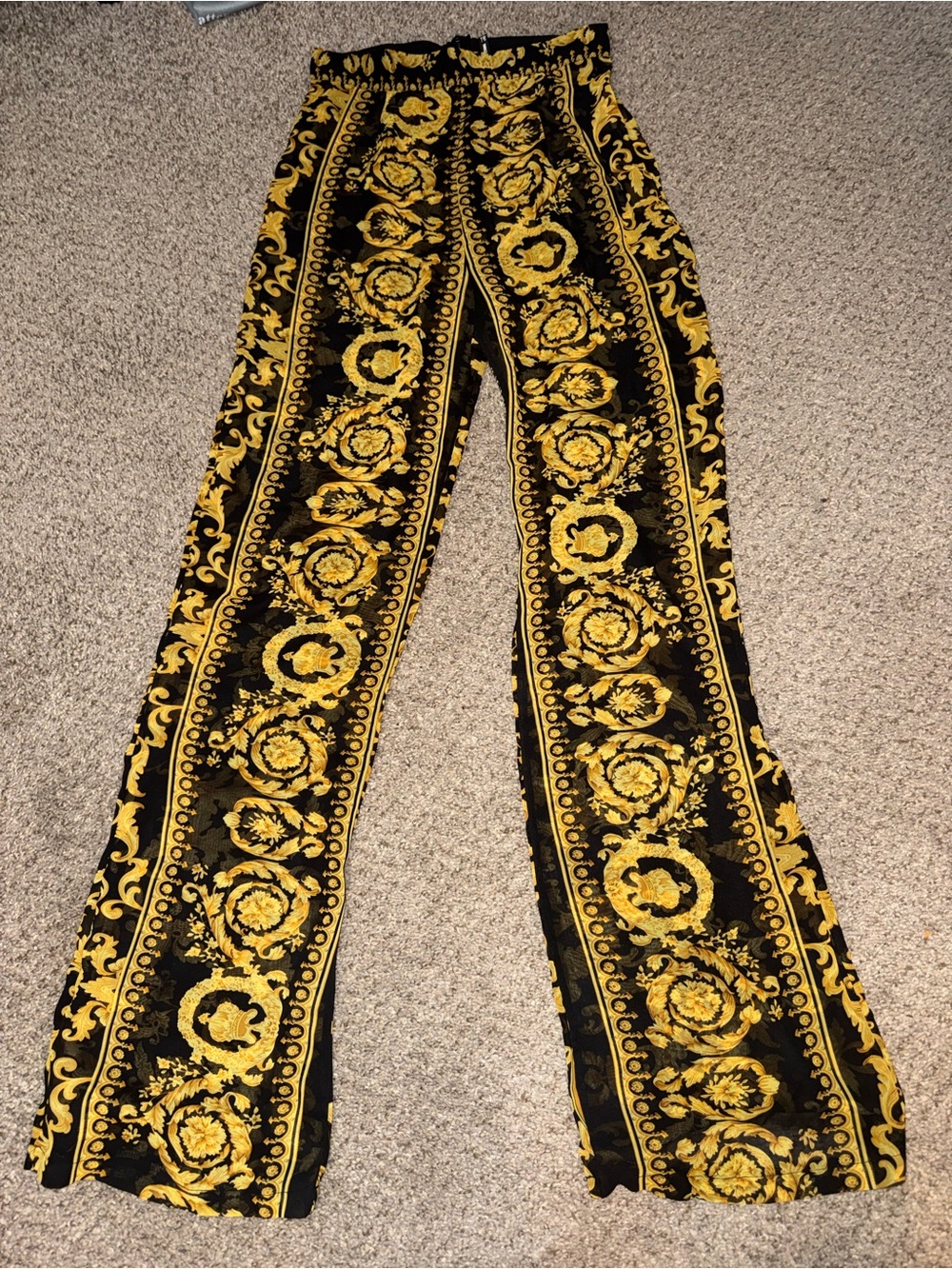 PrettyLittleThing Black and Gold Baroque Wide Leg Pants